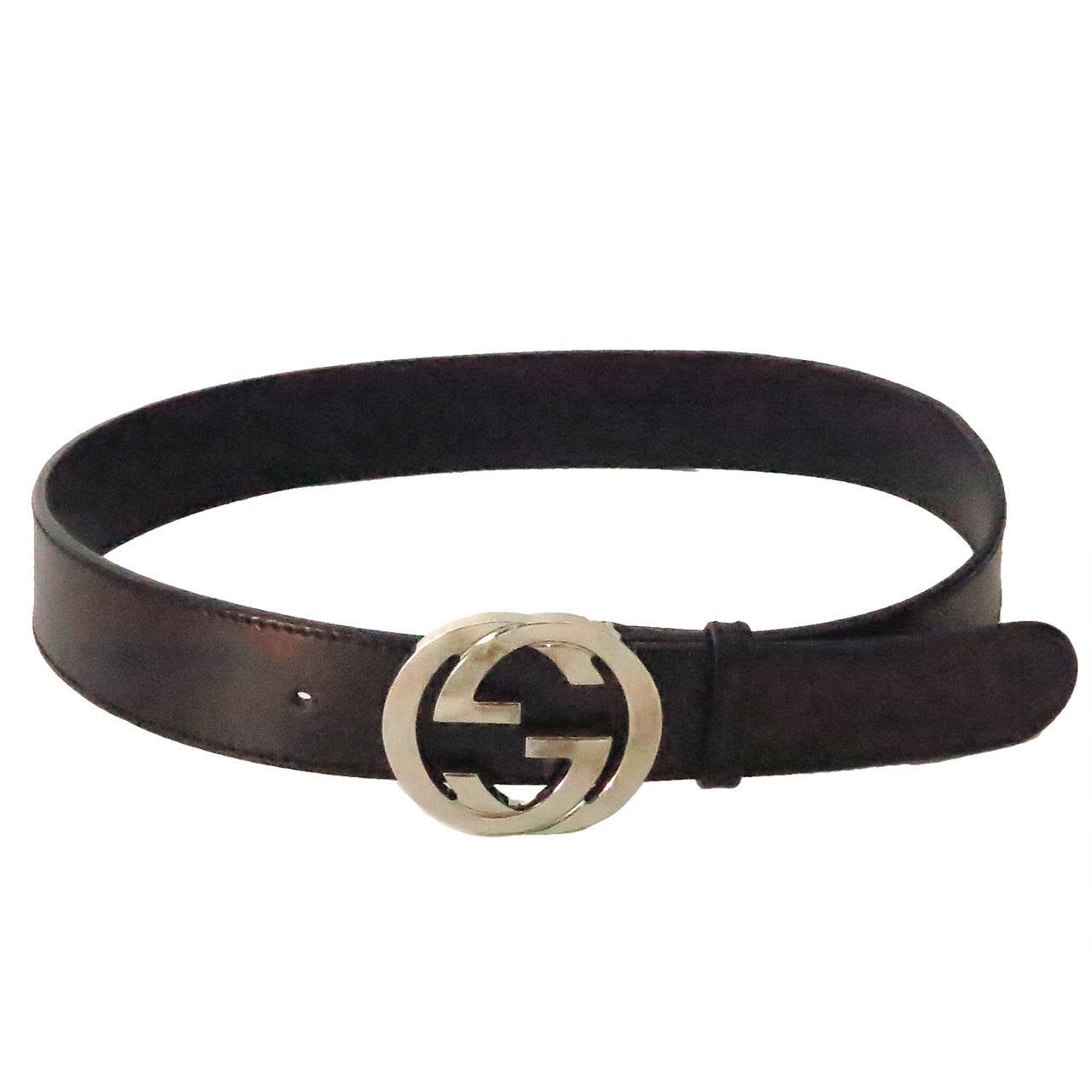 Gucci dark metallic leather belt with silver logo buckle