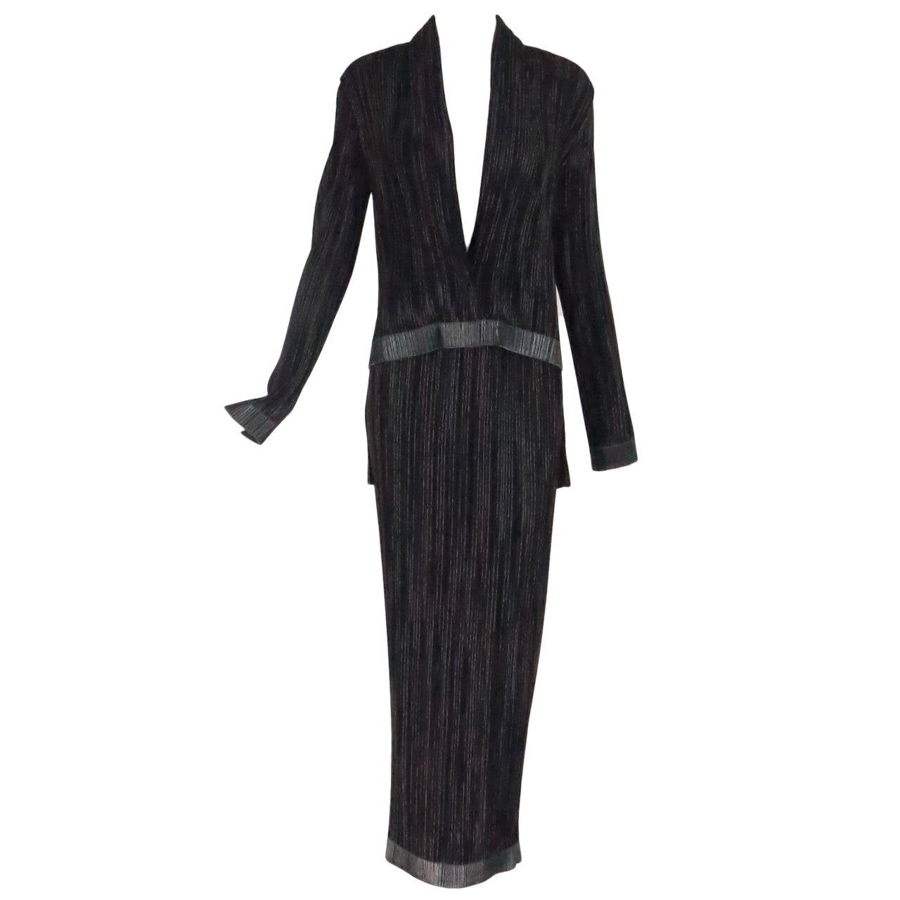 Issey Miyake metallic pleat stripe tuxedo style skirt set