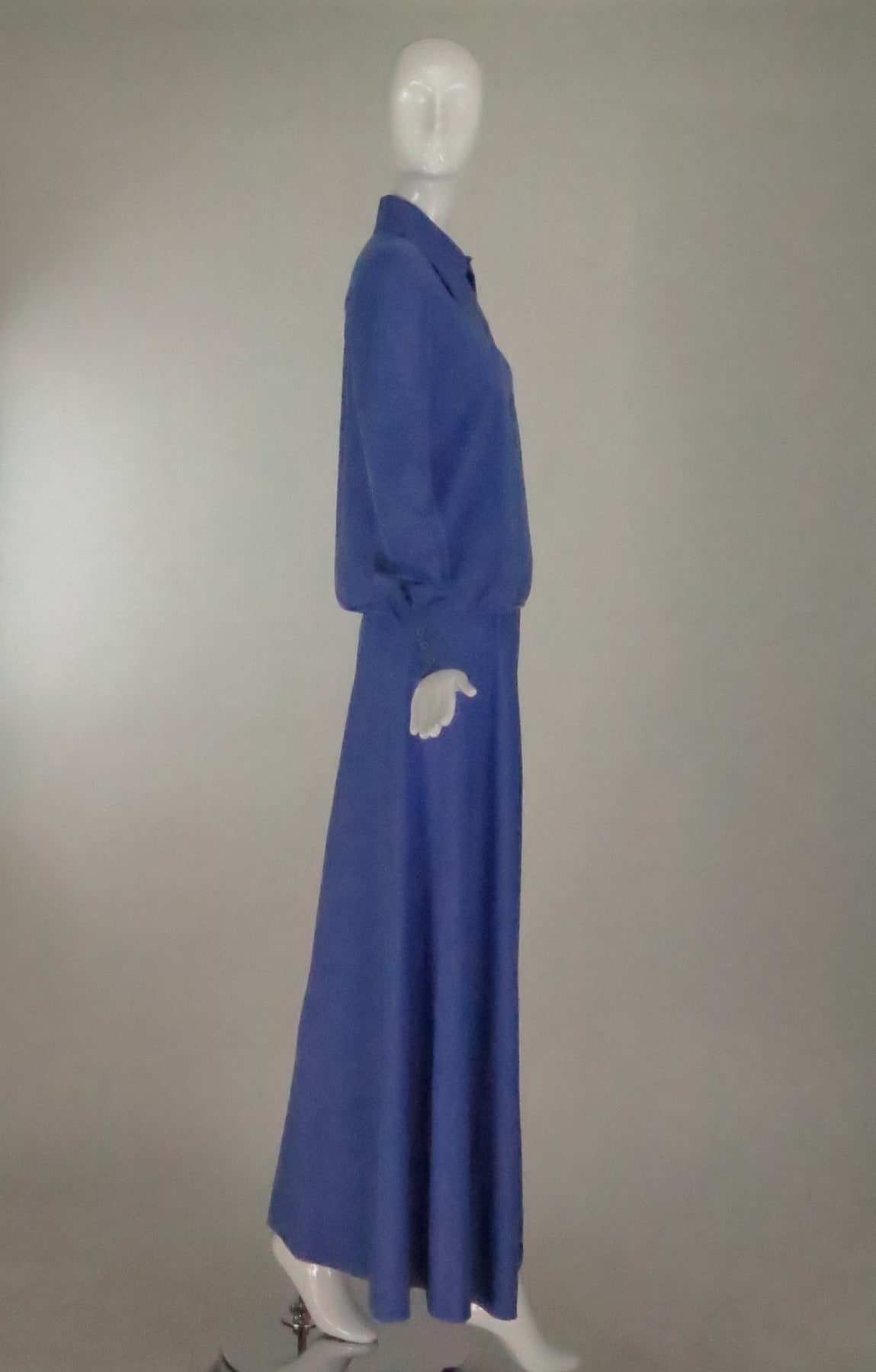 Purple 1970s Geoffrey Beene palazzo pant set in silky hyacinth blue knit