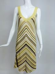 Oscar de la Renta yellow cream & brown chevron silk crochet tank dress