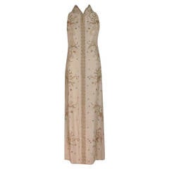 Vintage 1970s gold beaded cream raw silk gown