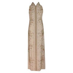 Retro 1970s gold beaded cream raw silk gown