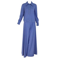 Set di pantaloni palazzo Geoffrey Beene degli anni '70 in maglia setosa blu giacinto