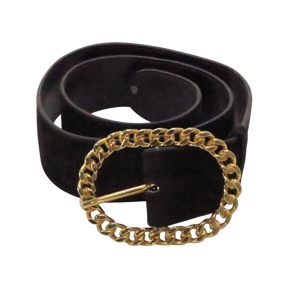 Gucci chocolate brown suede belt with gold chain buckle