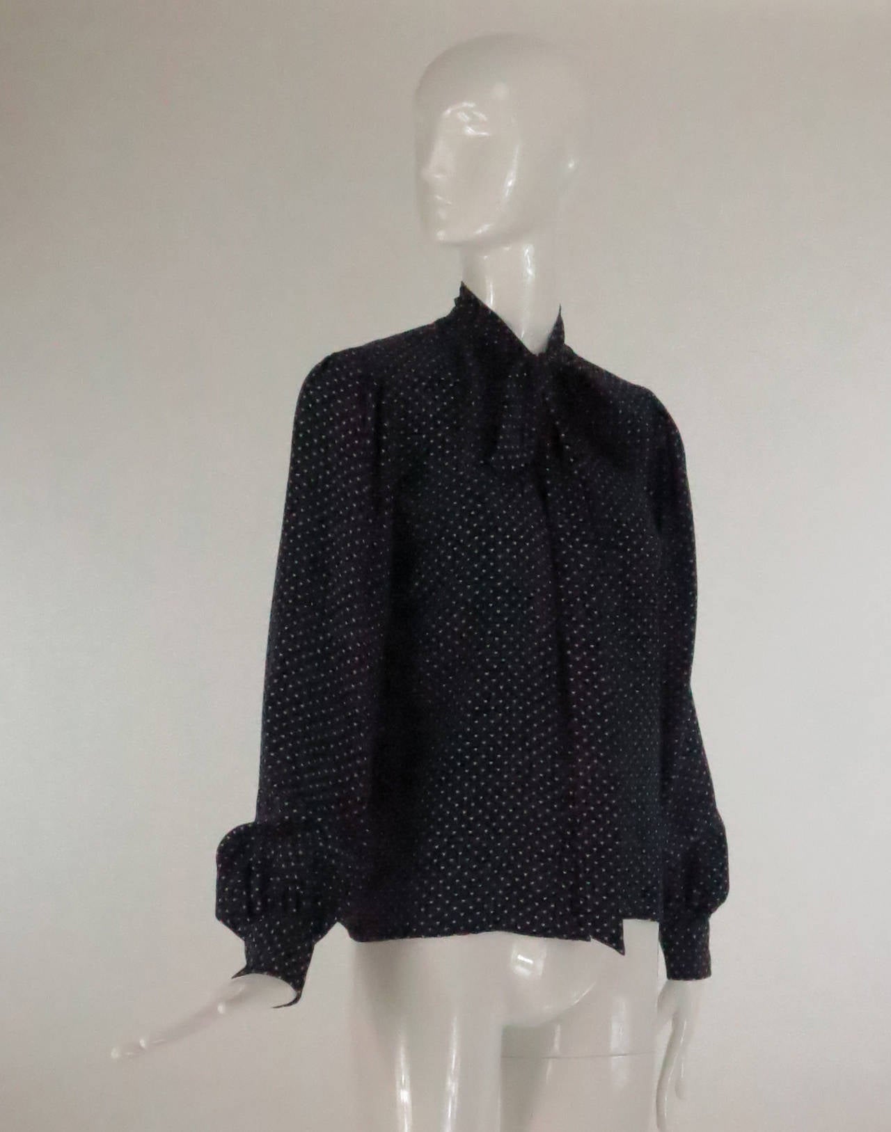 1970s Yves St Laurent navy & white tiny hearts blouse In Excellent Condition In West Palm Beach, FL