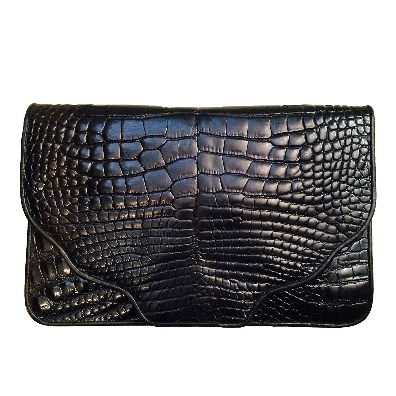 1980s Large black alligator envelope clutch handbag