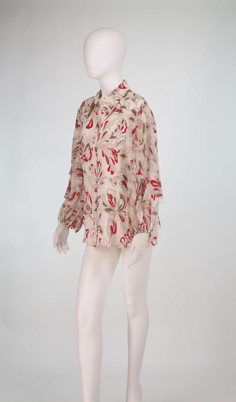 Escada picot ruffle sleeve silk print blouse In Excellent Condition In West Palm Beach, FL