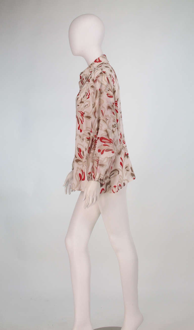 Women's Escada picot ruffle sleeve silk print blouse
