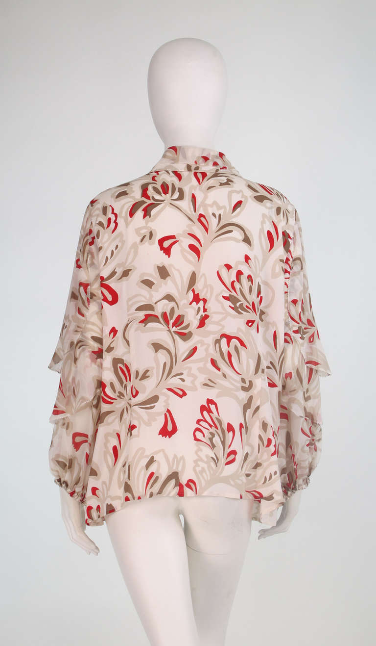 Escada picot ruffle sleeve silk print blouse 2