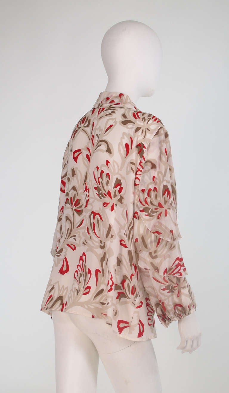 Escada picot ruffle sleeve silk print blouse 3