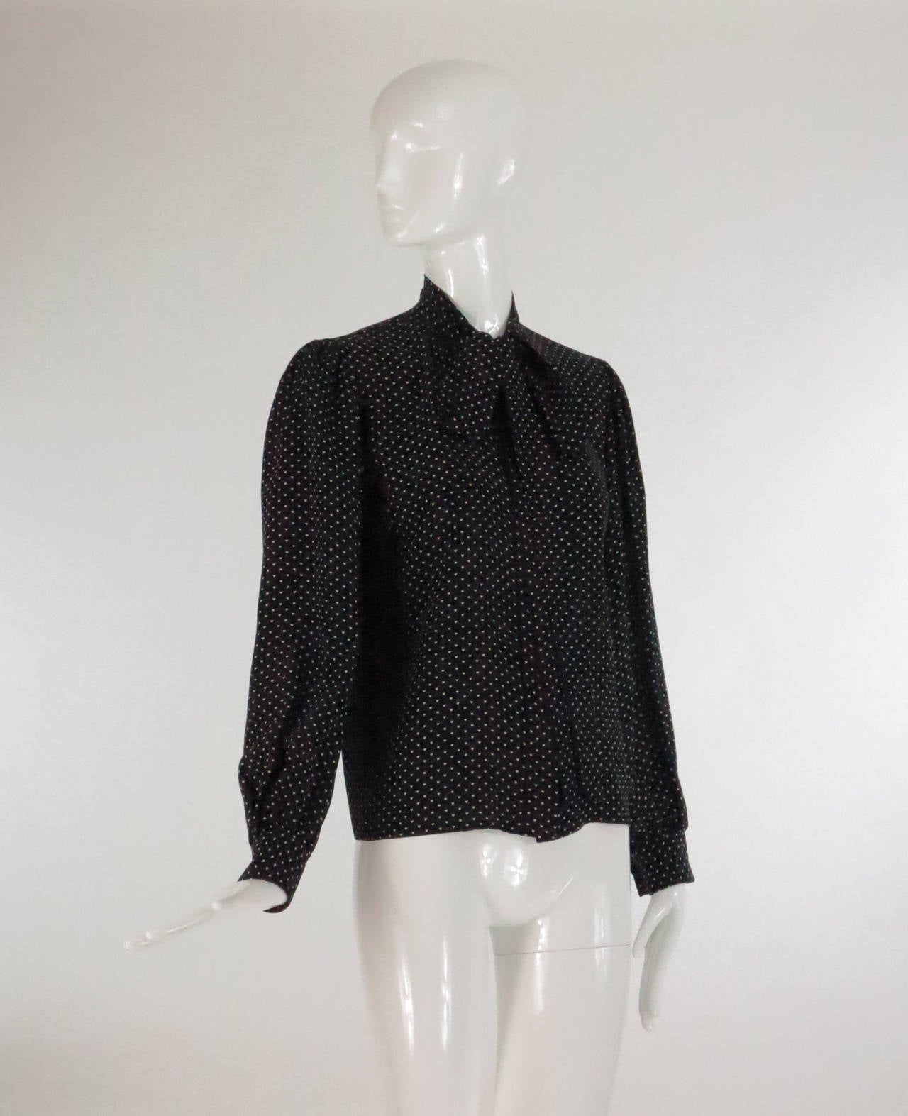 1970s Yves St Laurent black & white tiny hearts blouse In Excellent Condition In West Palm Beach, FL