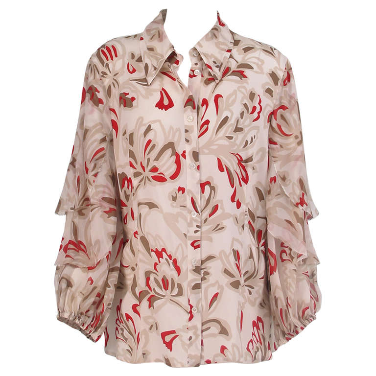 Escada picot ruffle sleeve silk print blouse