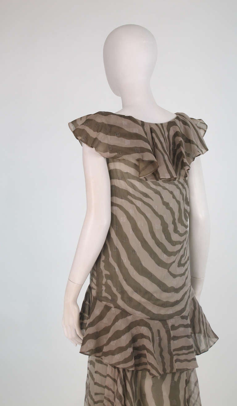 Women's 1980s Bruce Oldfield zebra metallic silk chiffon flutter dress