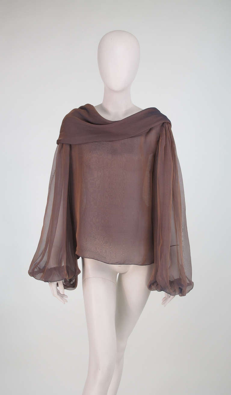 Carolyne Roehm iridescent silk chiffon cowl neck top...One of those colours that's hard to pin down, but silvery/gold with a touch of coppery plum & that's up for interpretation!  The top has a very deep cowl that could be draped off the shoulder &