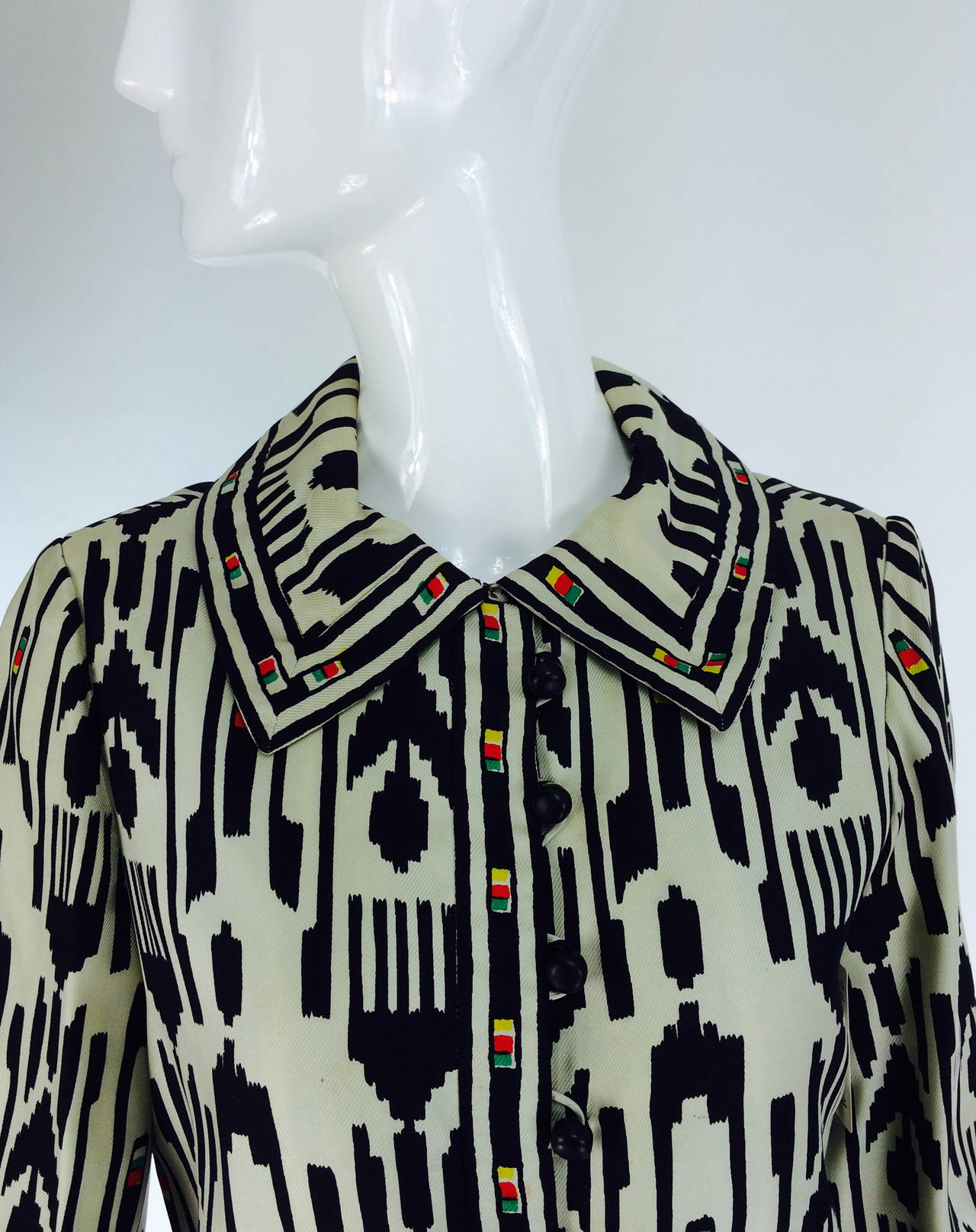 1960s Donald Brooks silk twill ikat print tribal coat dress 3