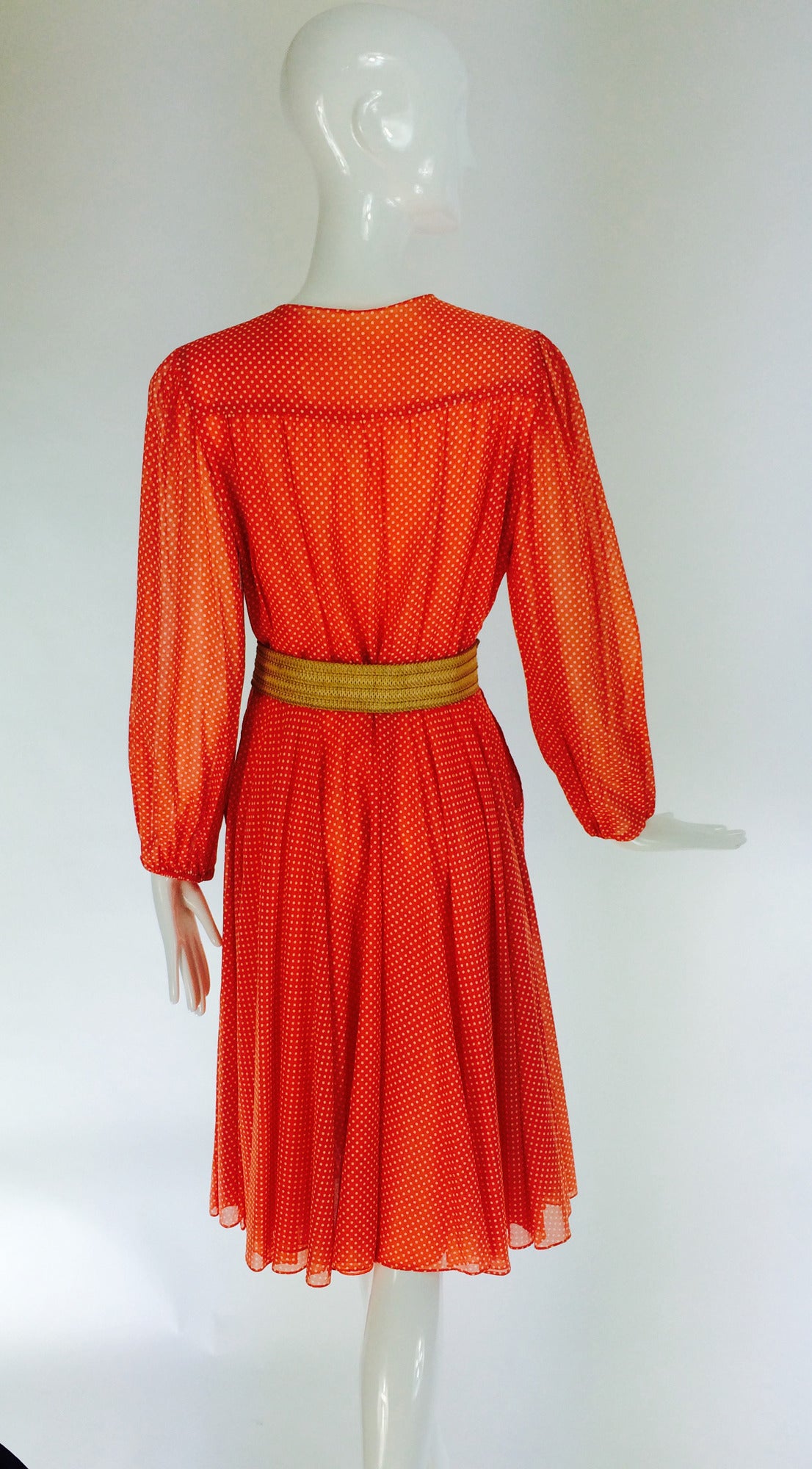 Red 1970s Oscar de la Renta mini dot cotton voile dress