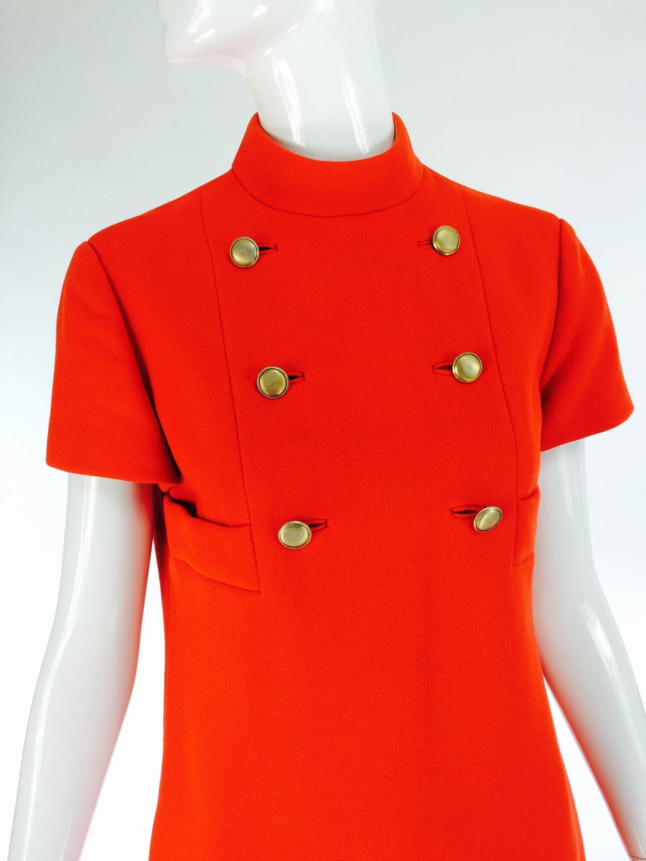 1960s Geoffrey Beene coral red wool crepe mod shift dress In Excellent Condition In West Palm Beach, FL