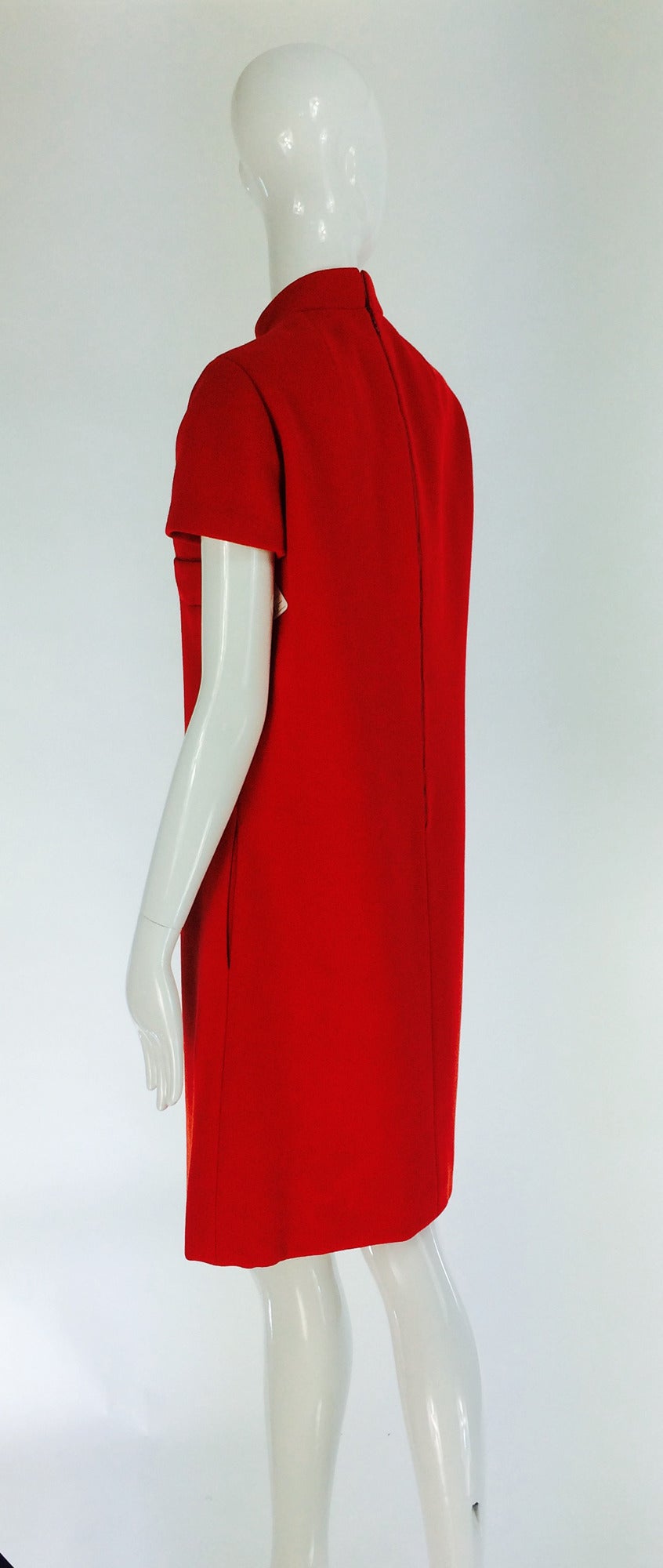 1960s Geoffrey Beene coral red wool crepe mod shift dress 1