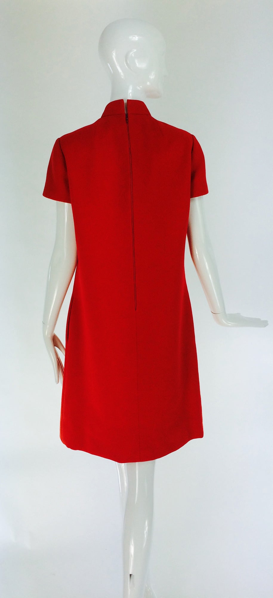 1960s Geoffrey Beene coral red wool crepe mod shift dress 2