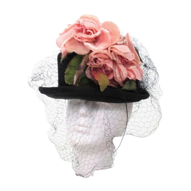 Legroux Soeurs black silk hat with silk velvet roses, 1950s 