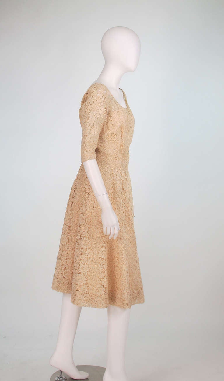 Women's 1950s custom made cream Guipure lace afternoon dress