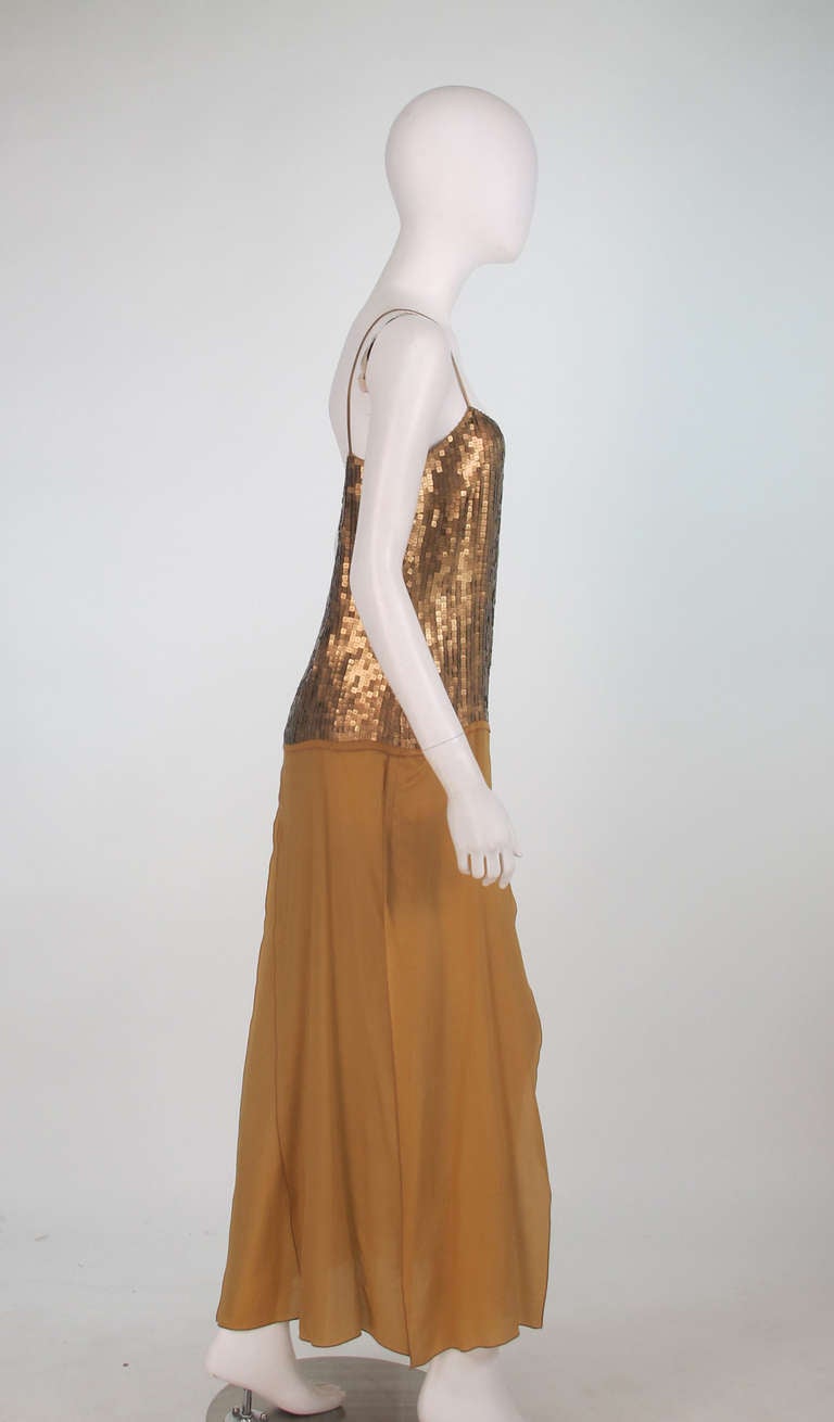 1970s Genny gold sequin & silk chiffon evening gown In Excellent Condition In West Palm Beach, FL
