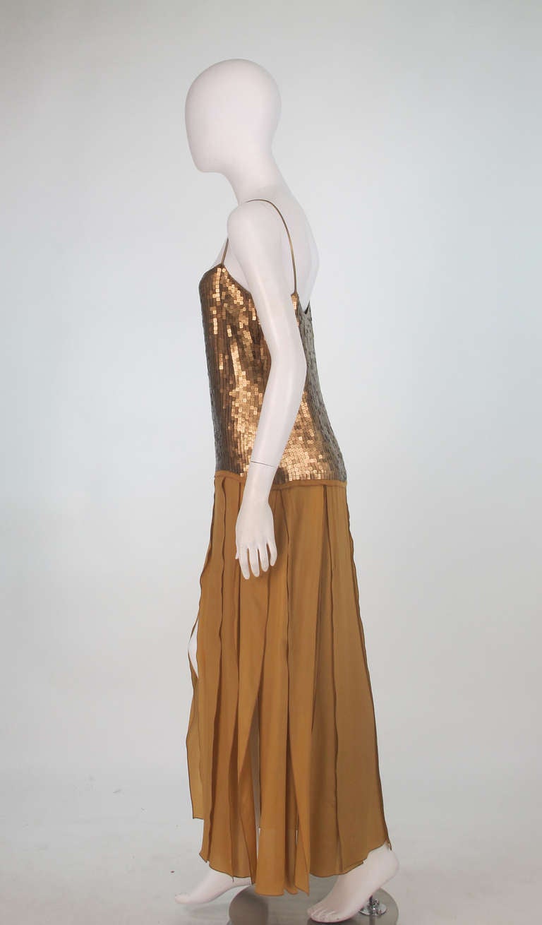 1970s Genny gold sequin & silk chiffon evening gown 3
