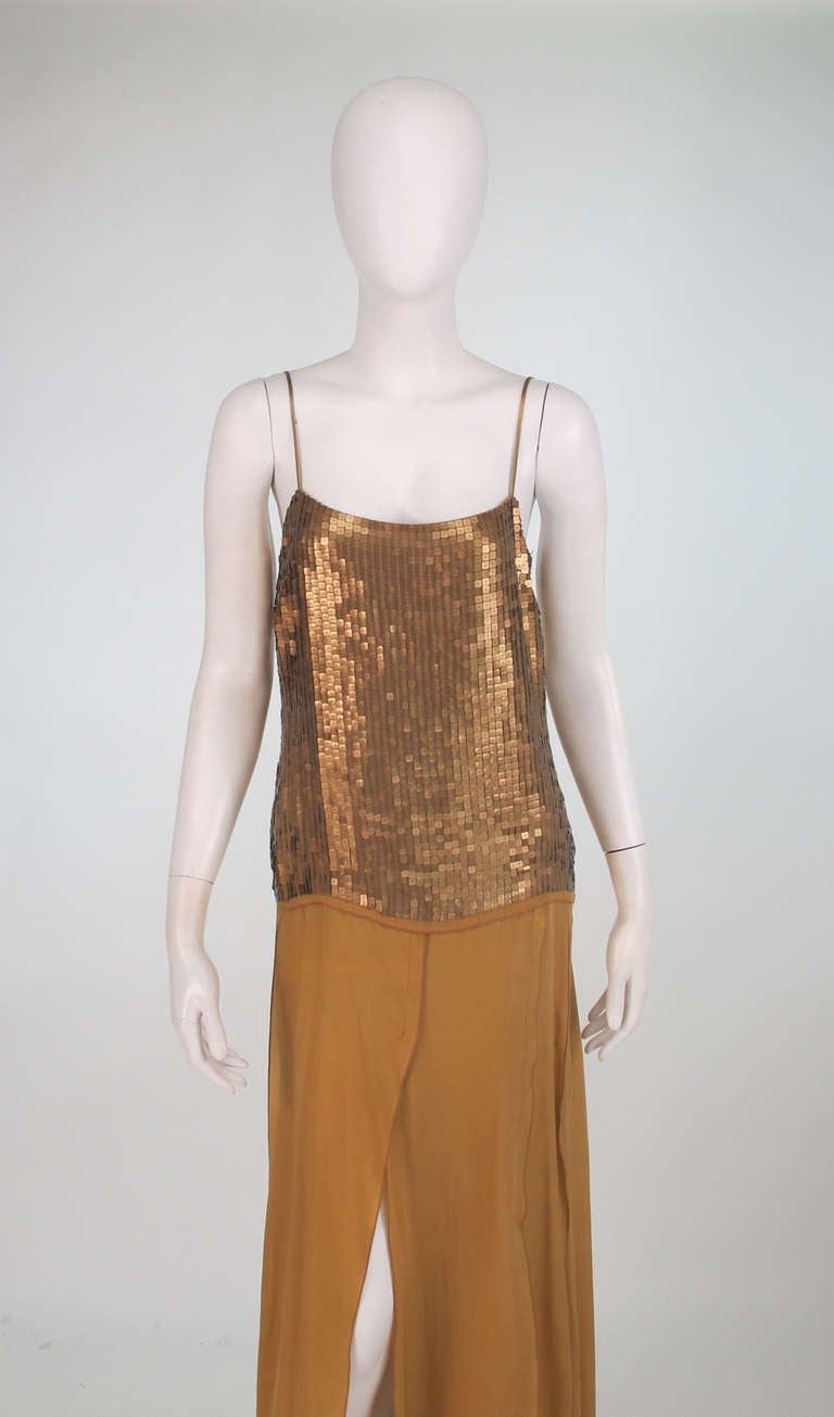 1970s Genny gold sequin & silk chiffon evening gown 4