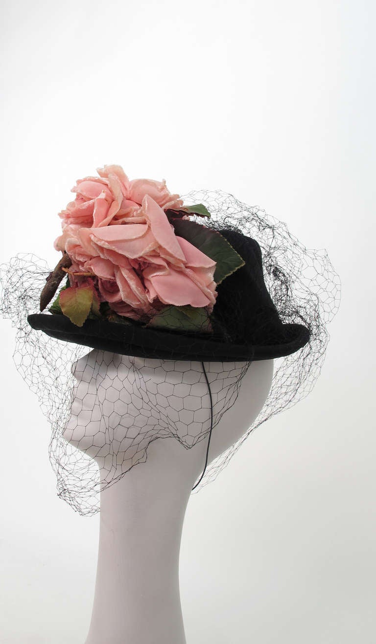 Beige Legroux Soeurs black silk hat with silk velvet roses, 1950s 