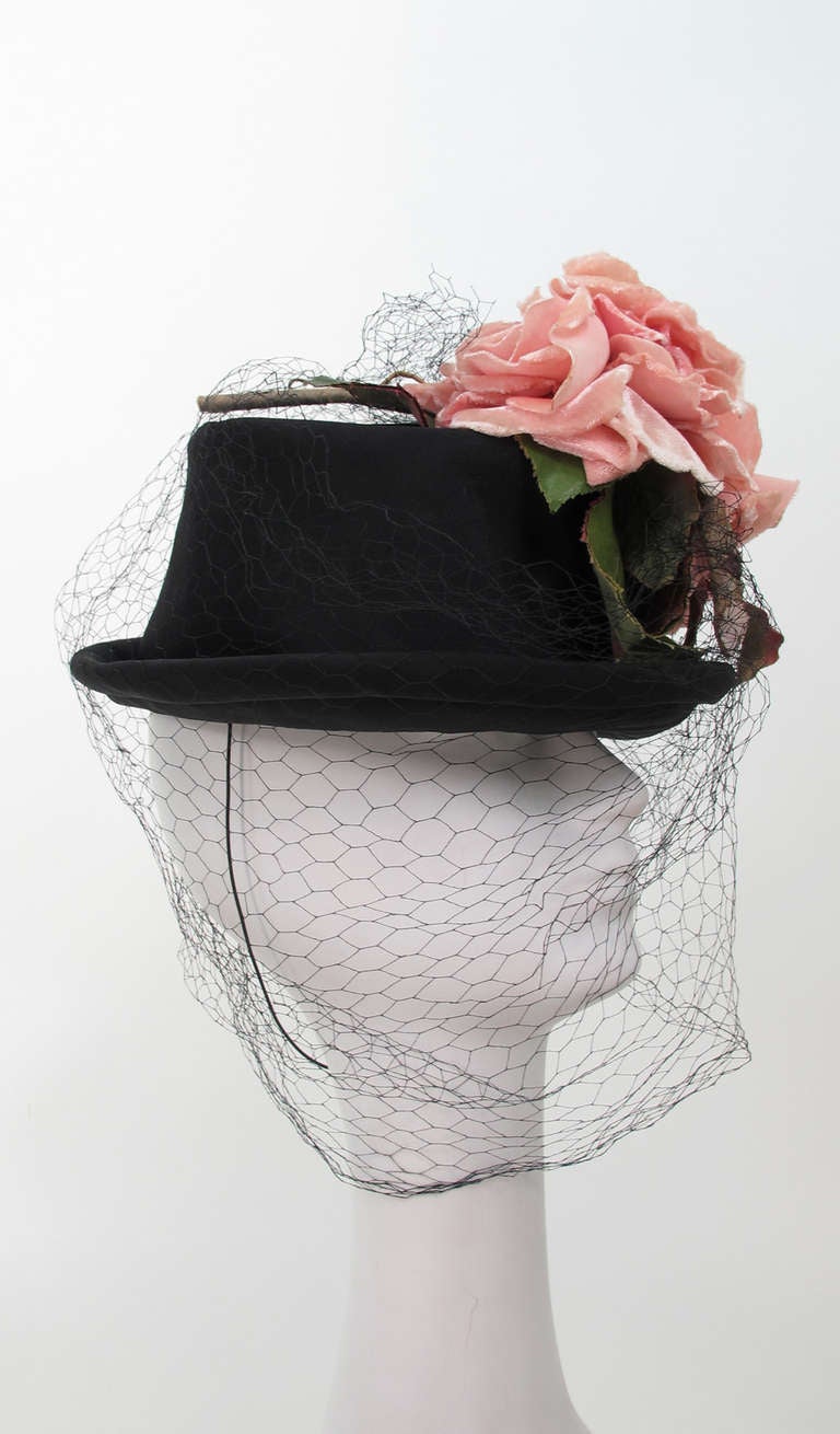 Women's Legroux Soeurs black silk hat with silk velvet roses, 1950s 