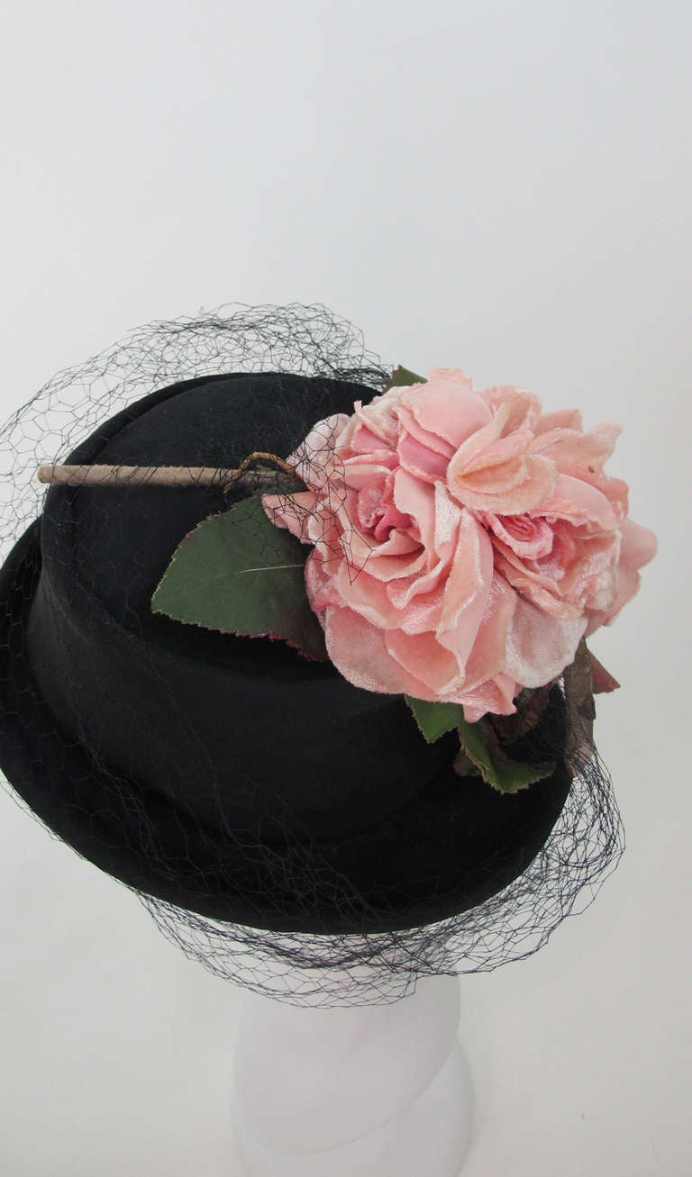 Legroux Soeurs black silk hat with silk velvet roses, 1950s  1
