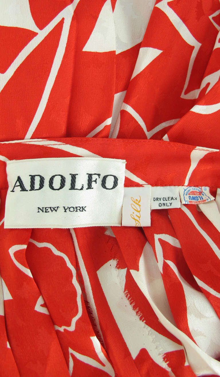 1970s Adolfo red & white floral silk pleated palazzo pants 4