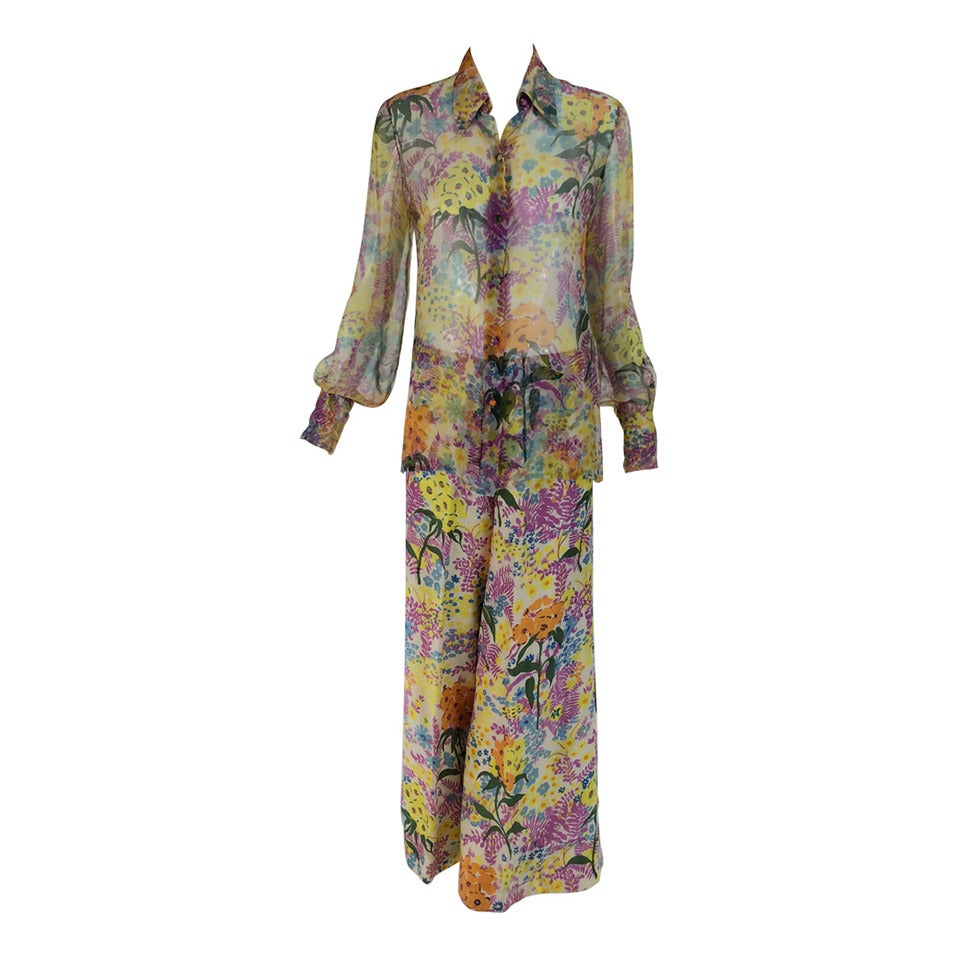 1960s Oriane Capri custom silk floral pant set