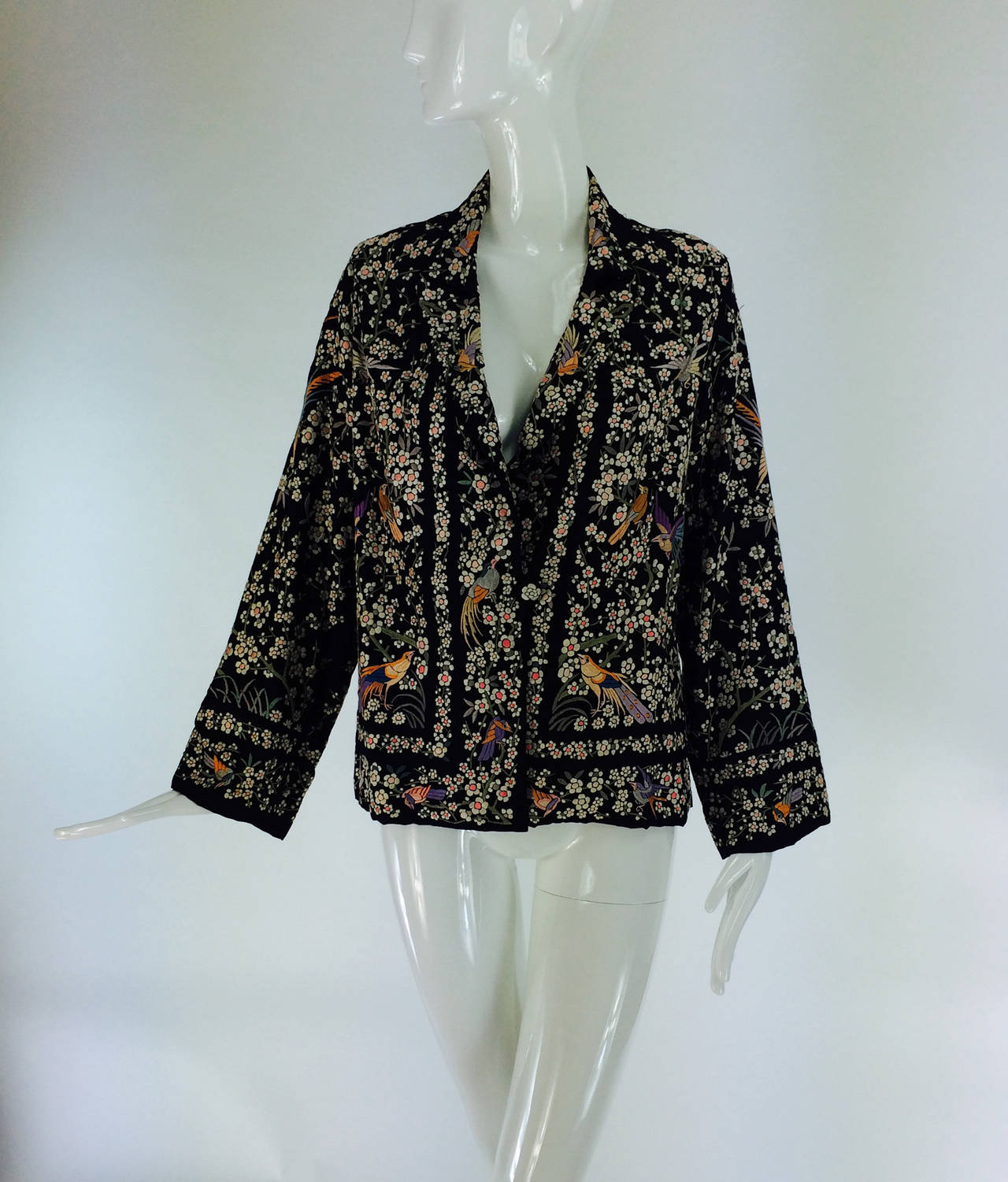 1920s Canton black silk embroidered evening jacket For Sale at 1stDibs