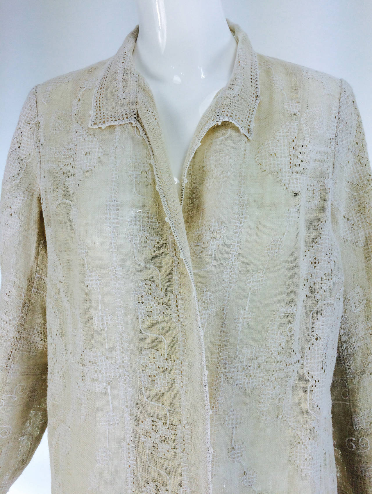 1920s ivory drawn/counted thread embroidered linen summer coat 5
