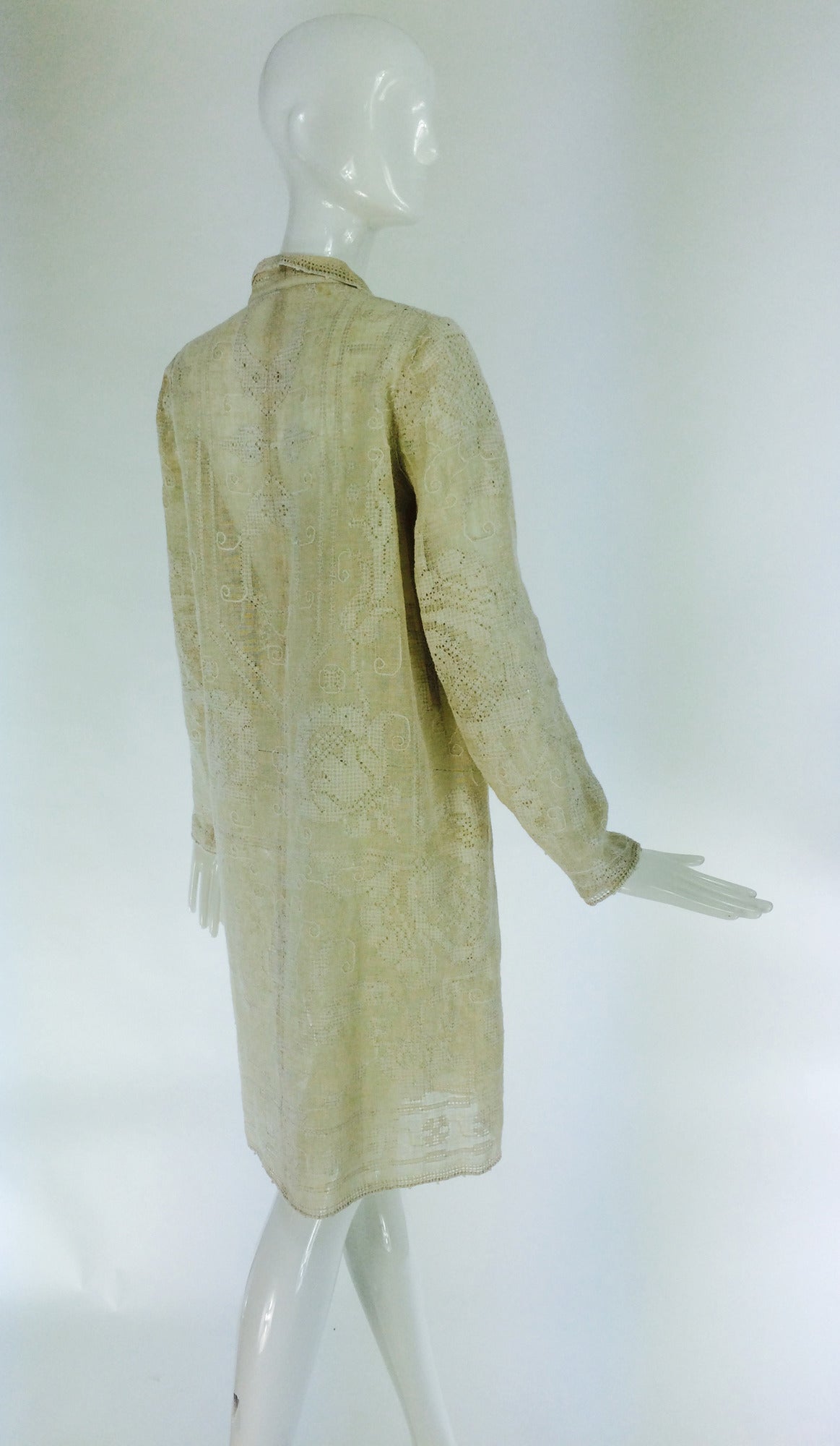 Women's 1920s ivory drawn/counted thread embroidered linen summer coat