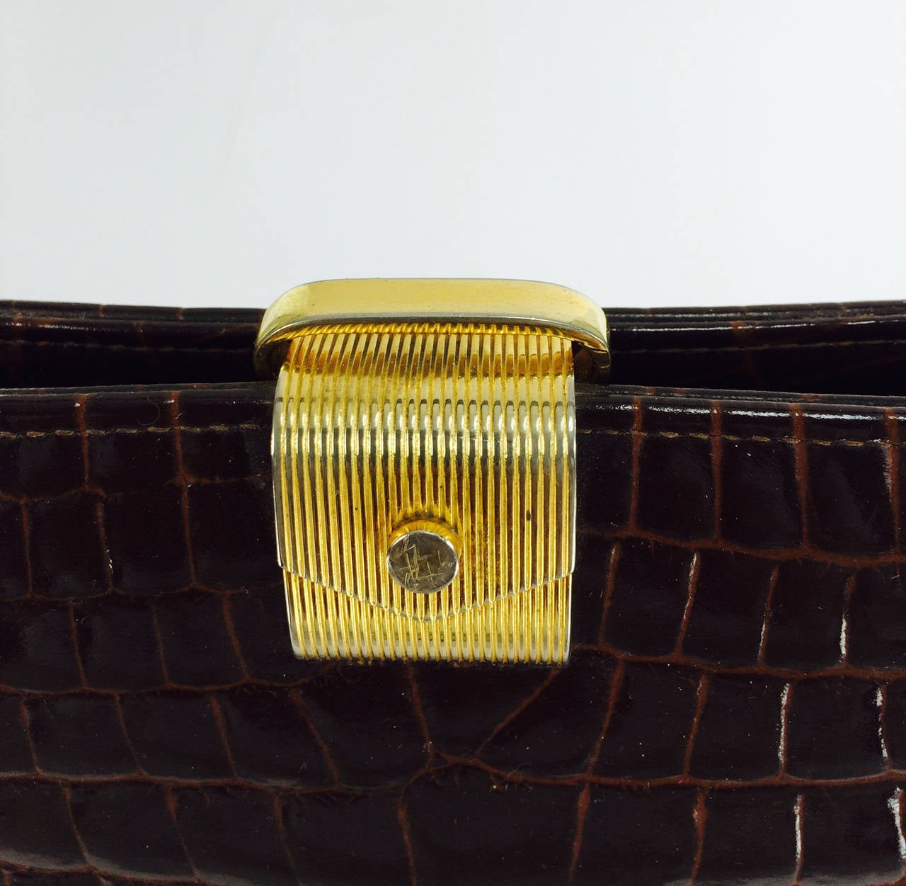 Black 1960s Dofan chocolate brown glazed alligator handbag