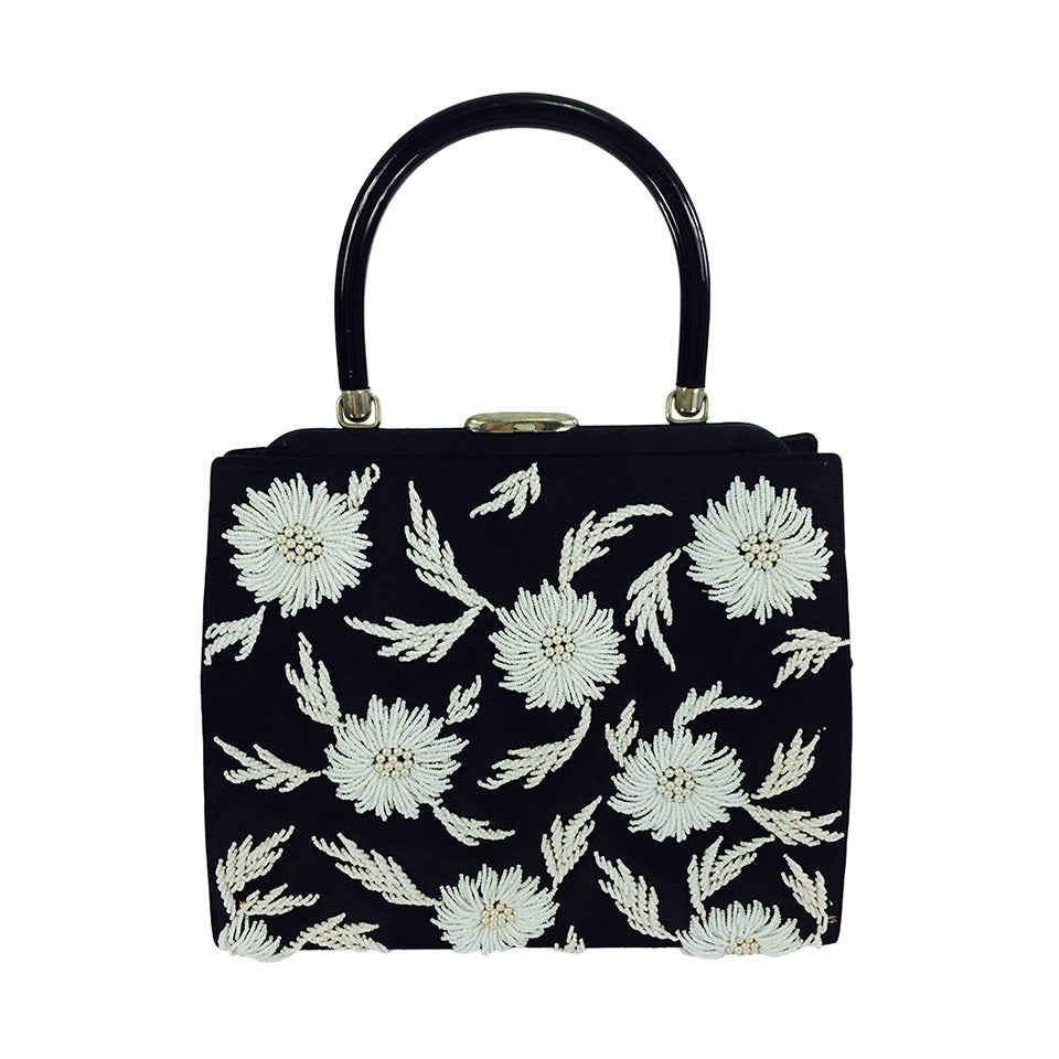 1950s black faille & white floral beaded handbag Elise Tu Hong Kong