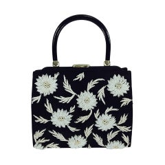 Retro 1950s black faille & white floral beaded handbag Elise Tu Hong Kong