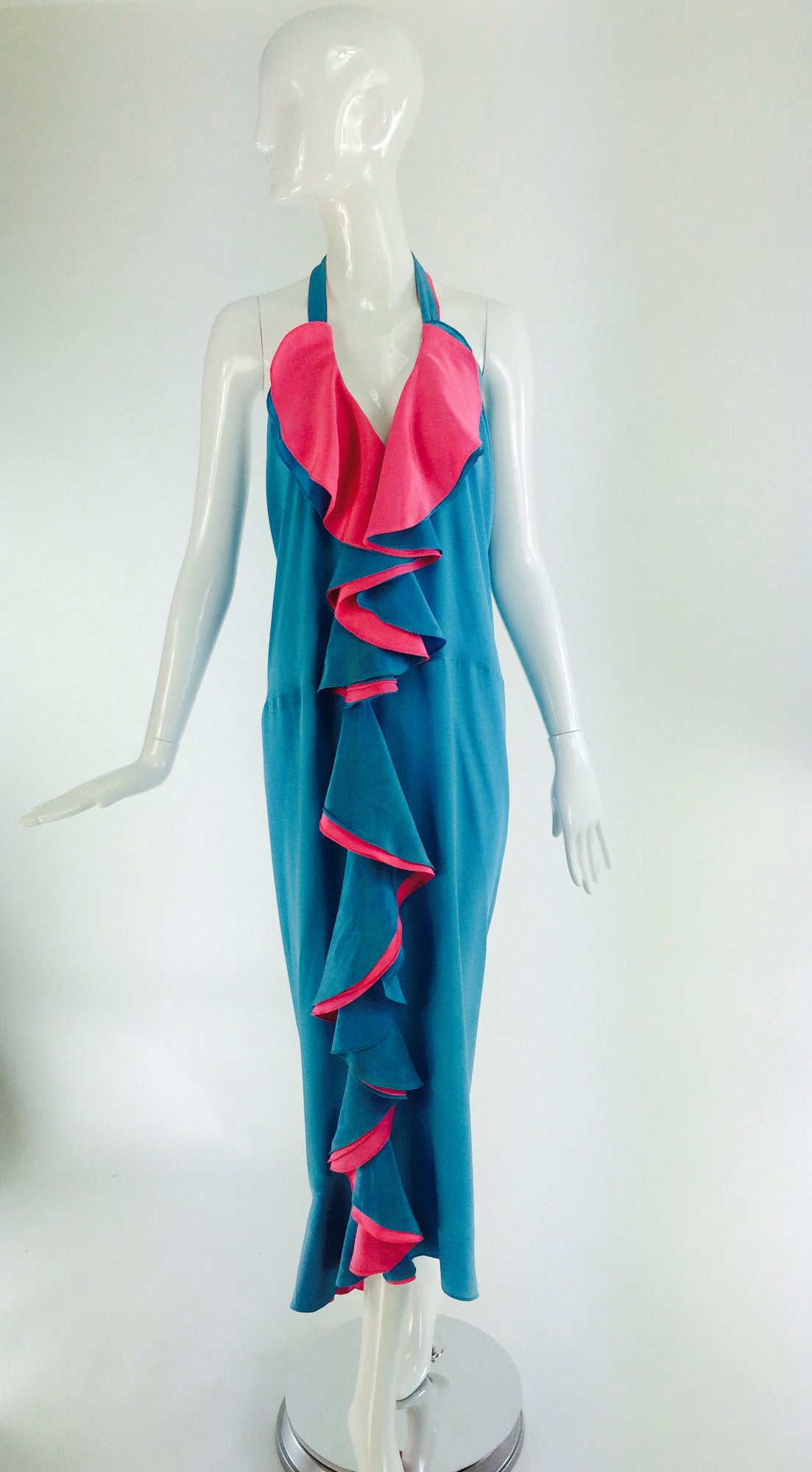 1970s Fernando Sanchez blue silk halter neck draped back gown 4
