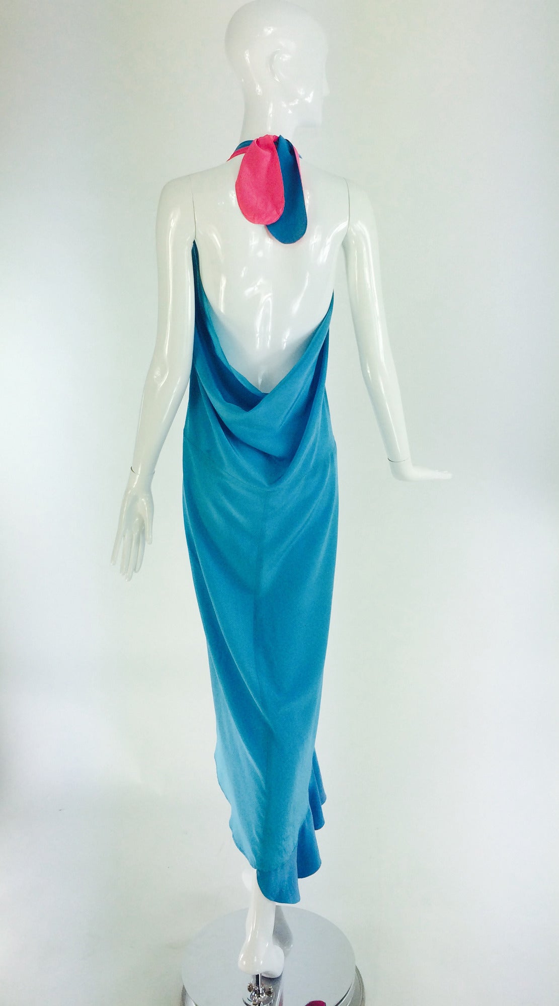 1970s Fernando Sanchez blue silk halter neck draped back gown 2