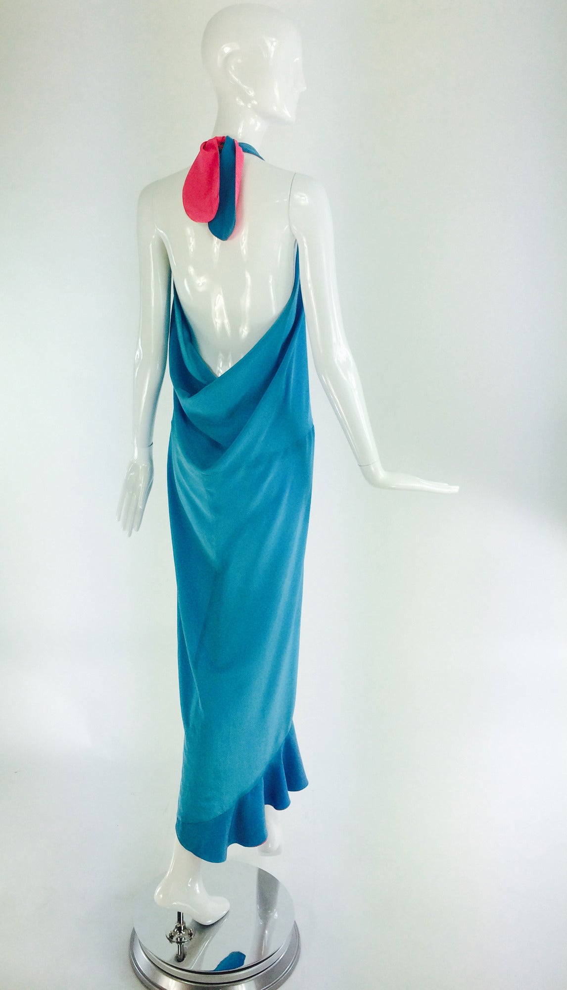 1970s Fernando Sanchez blue silk halter neck draped back gown 1