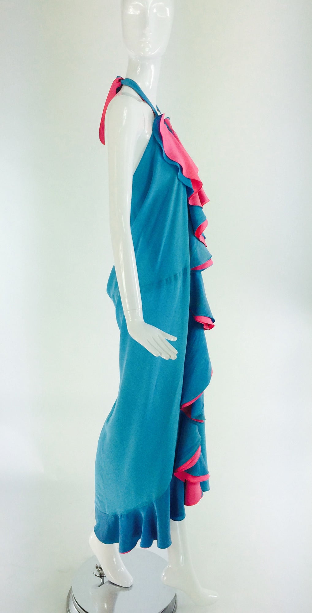 Women's 1970s Fernando Sanchez blue silk halter neck draped back gown