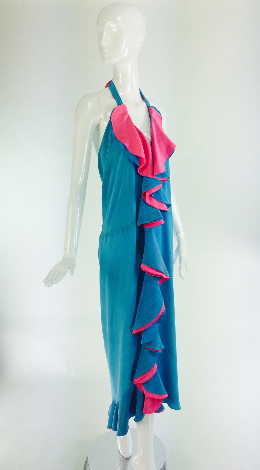 1970s Fernando Sanchez blue silk halter neck draped back gown In Excellent Condition In West Palm Beach, FL