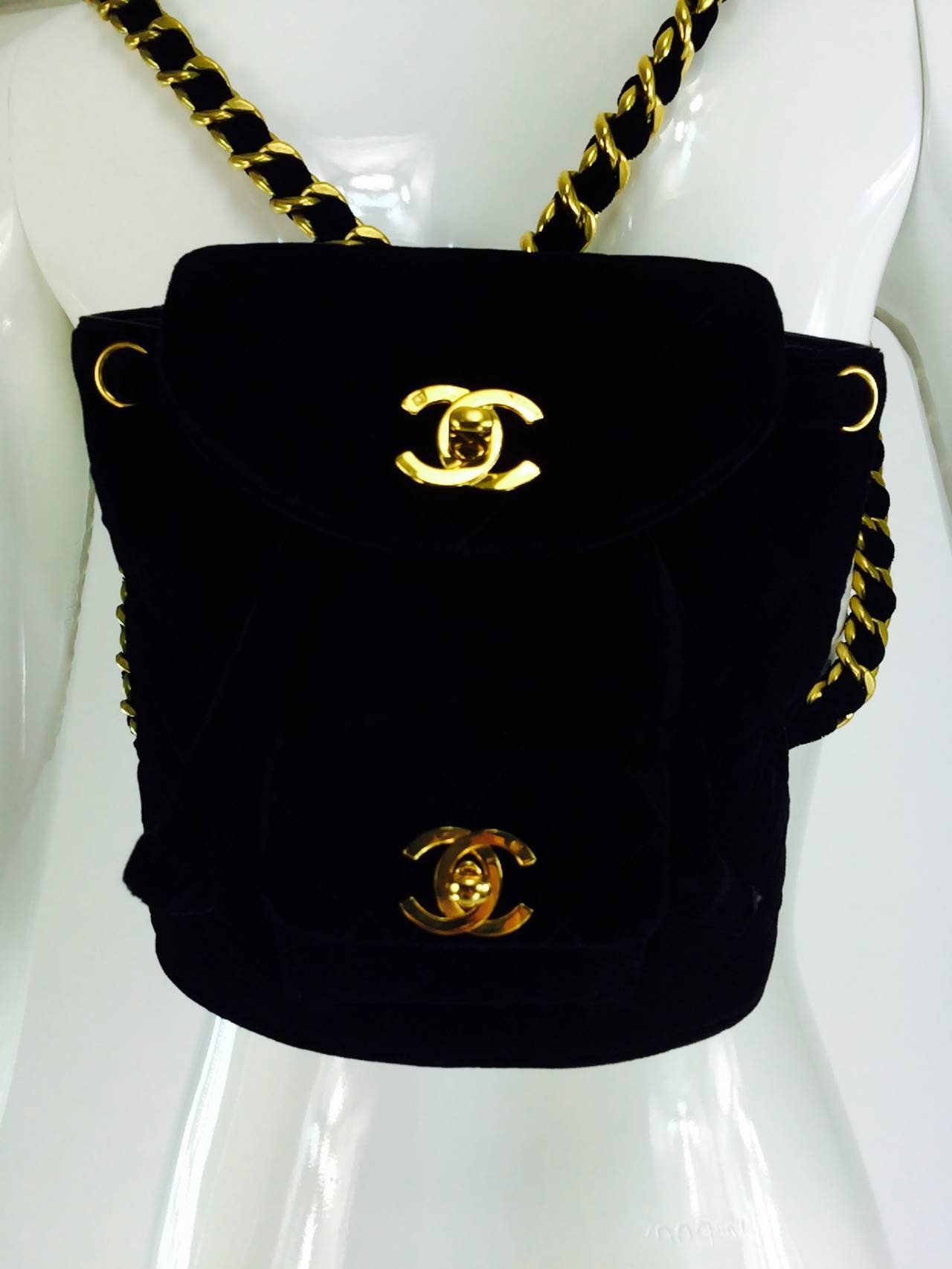 Women's 1996 Chanel quilted black velvet leather lined mini back pack