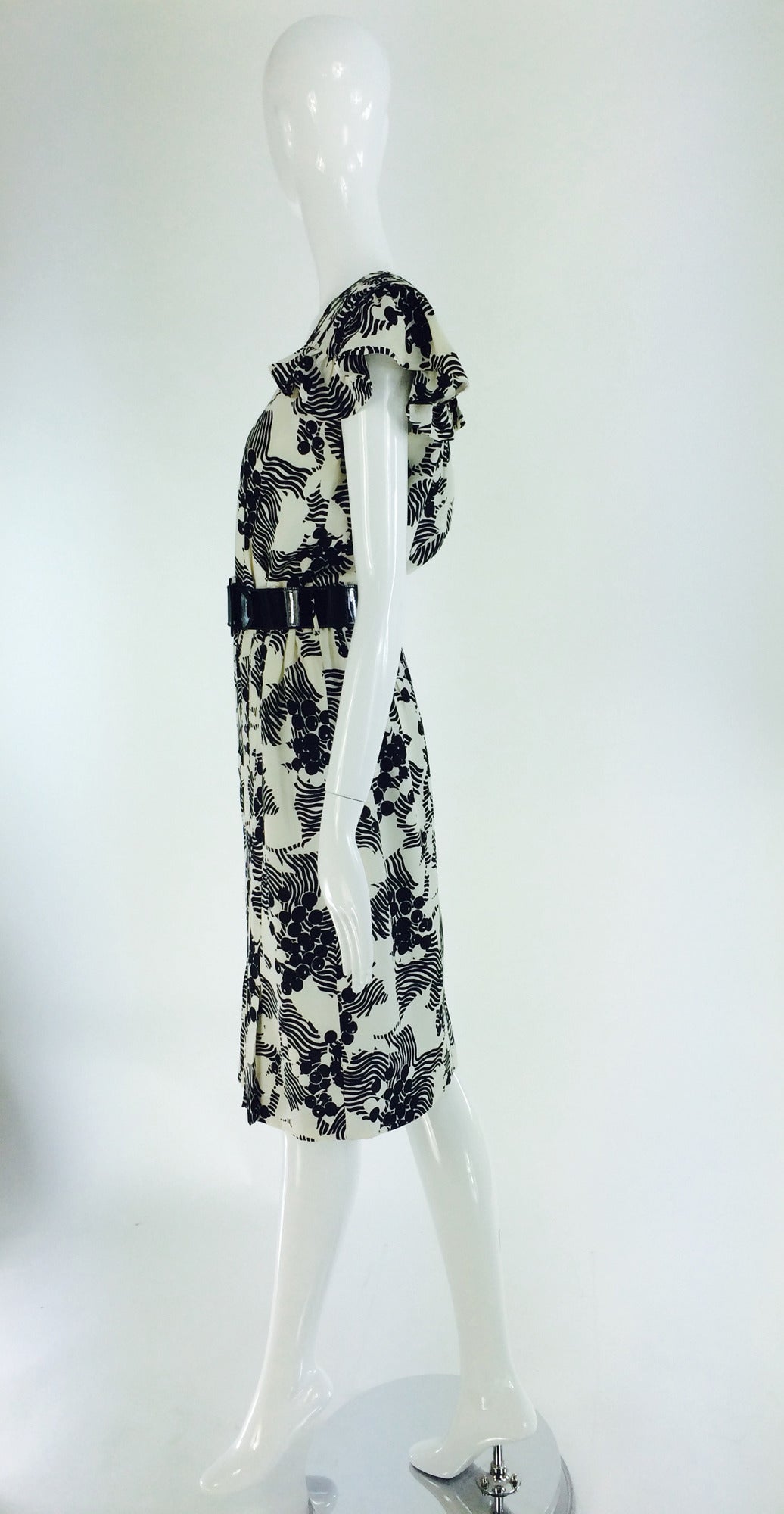 Black 1990s Andre Laug black & white silk ruffle shoulder dress