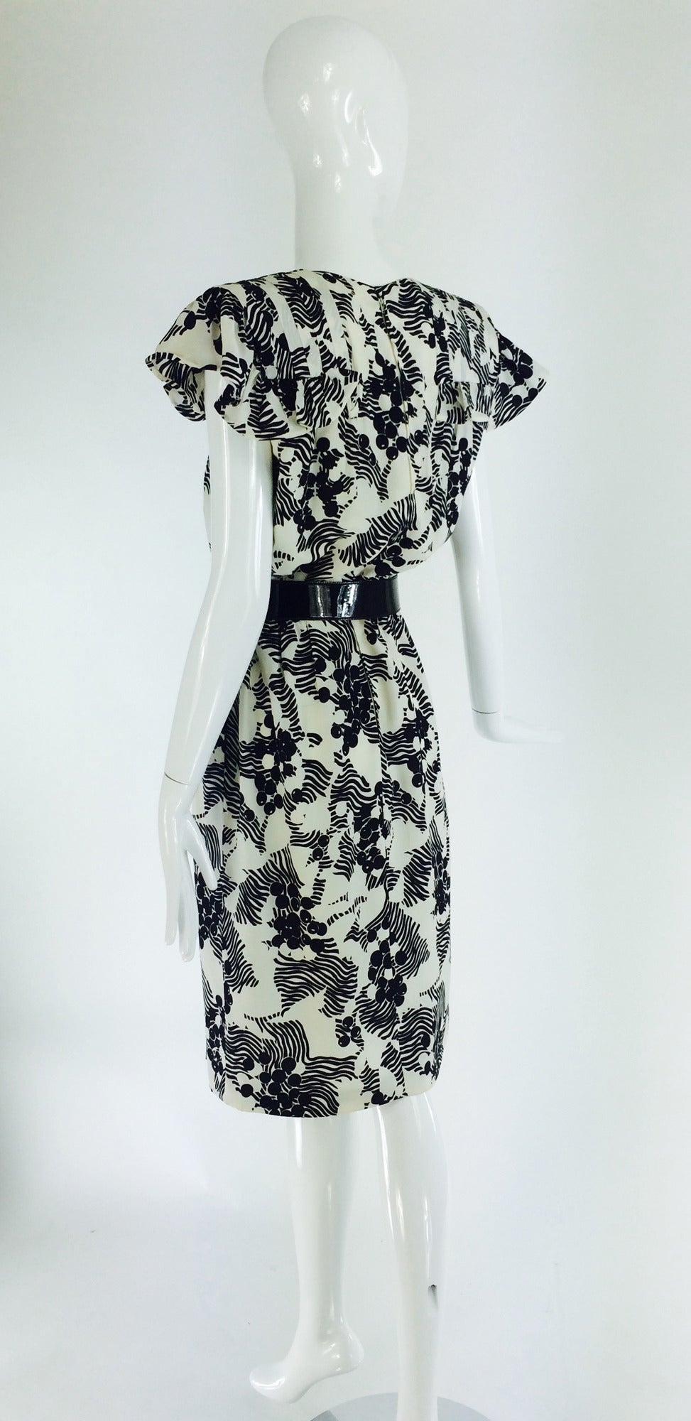 1990s Andre Laug black & white silk ruffle shoulder dress In Excellent Condition In West Palm Beach, FL