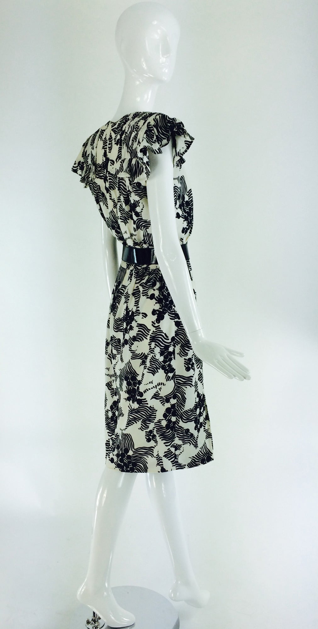 1990s Andre Laug black & white silk ruffle shoulder dress 1