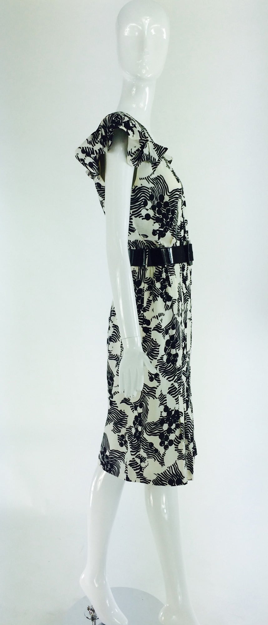 1990s Andre Laug black & white silk ruffle shoulder dress 2
