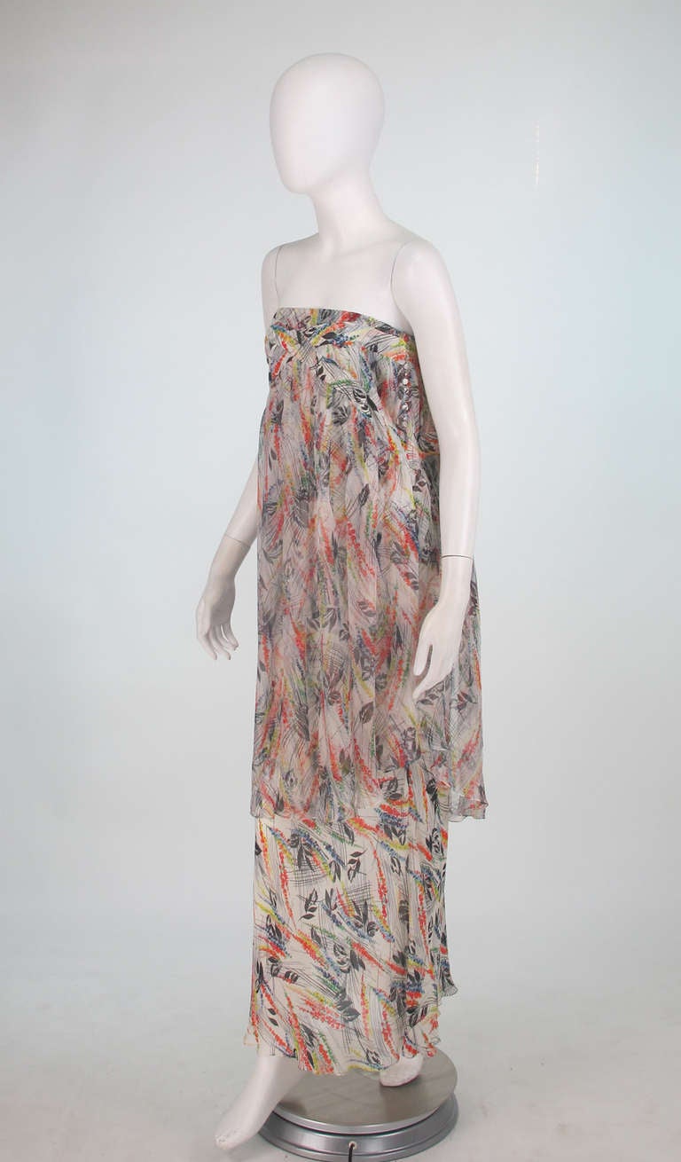Galliano silk chiffon strapless tiered gown In Excellent Condition In West Palm Beach, FL